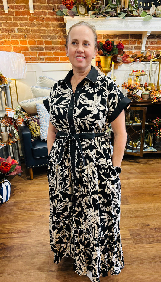 Black Leaf Print Dress