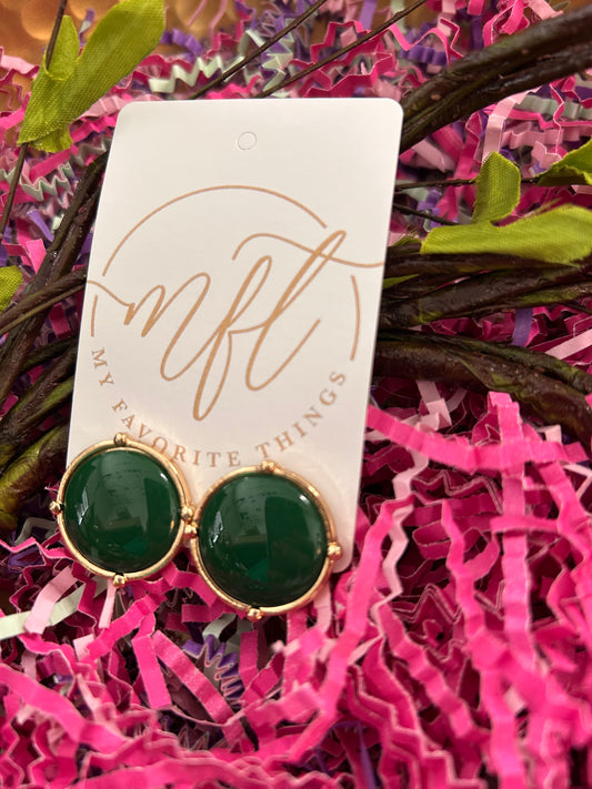 Round Green Stone & Gold Stud Earrings