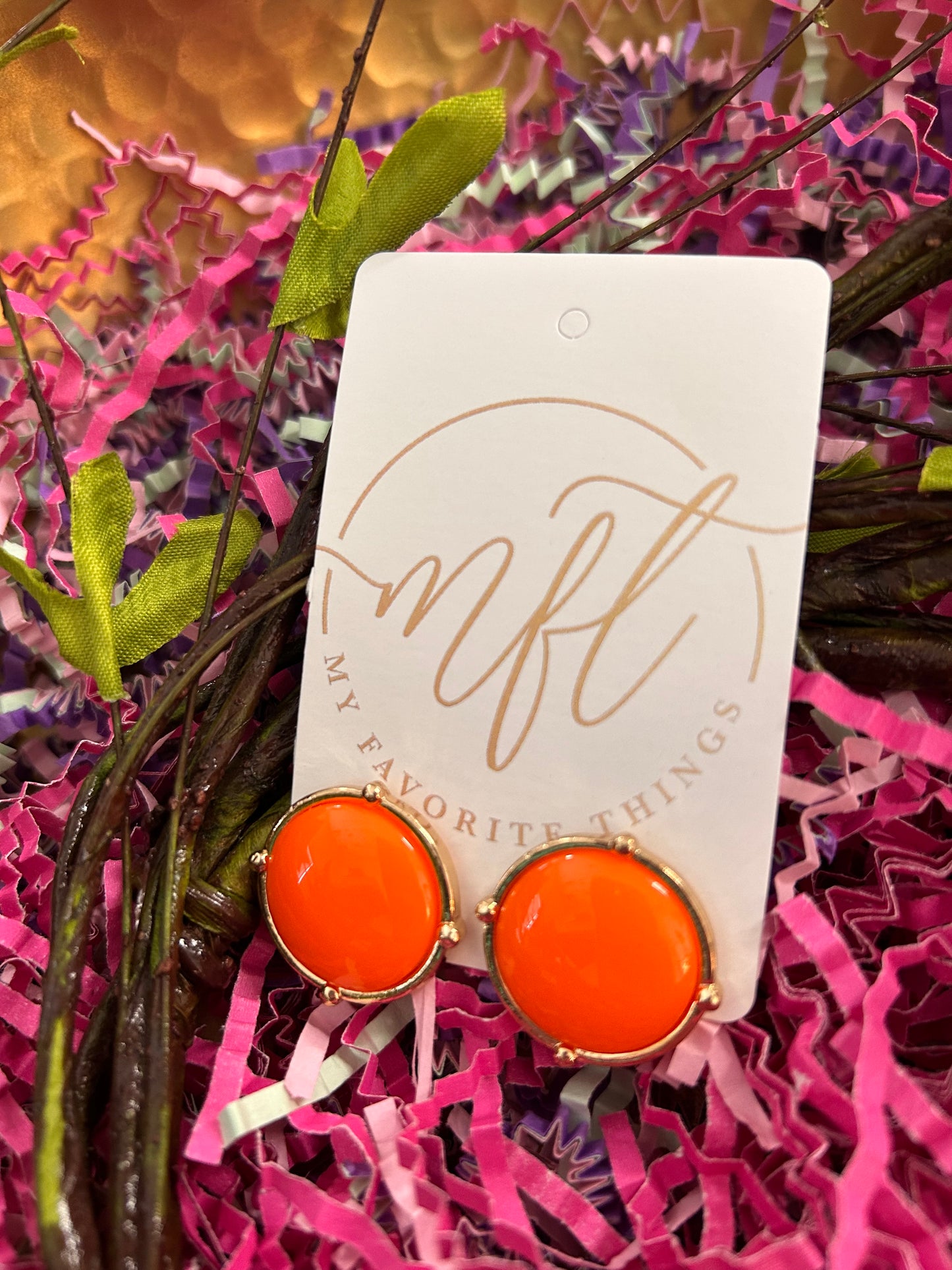 Round Orange Stone & Gold Stud Earrings