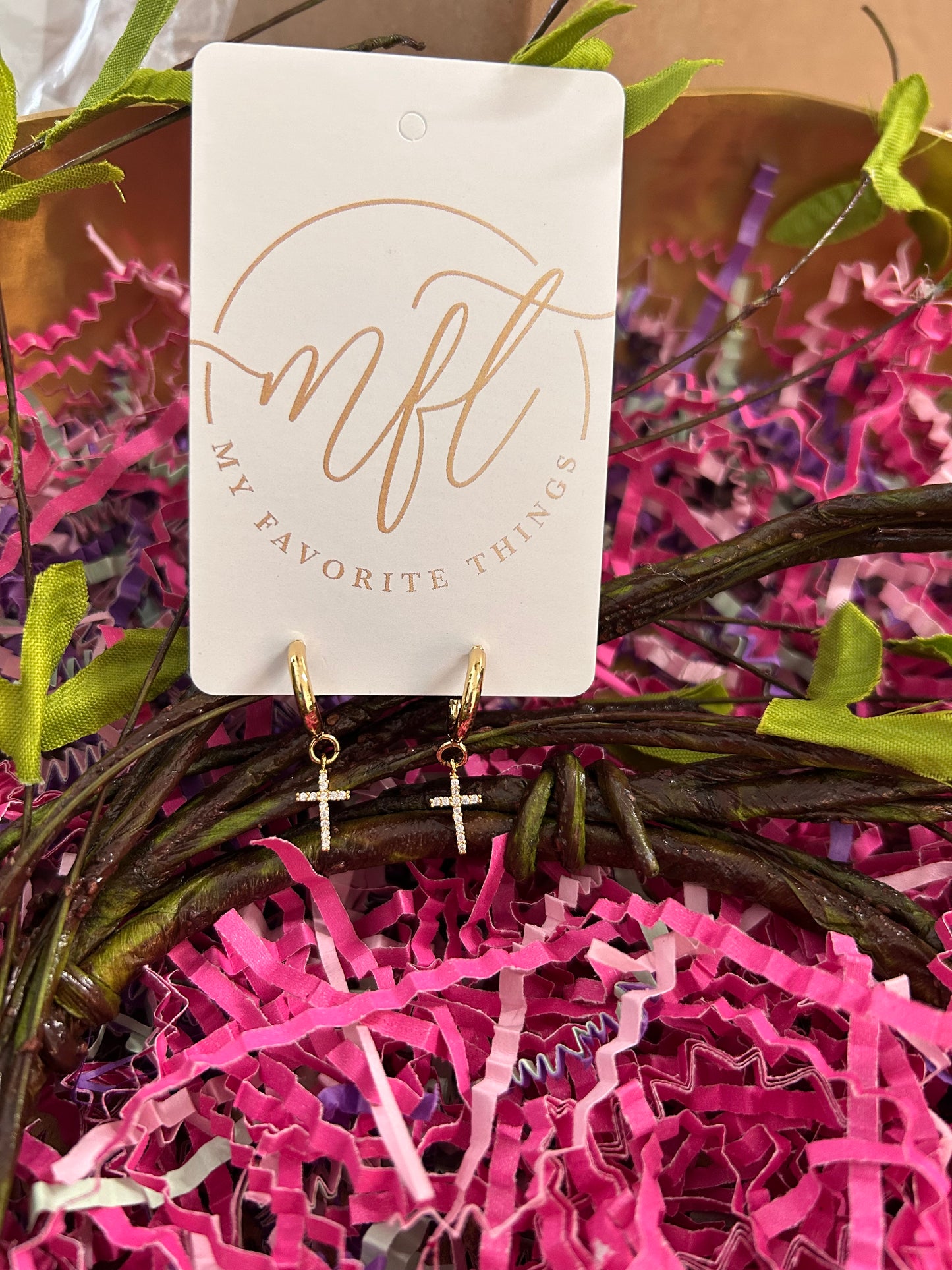 Gold Huggie Hoop Earrings with Small Rhinestone Cross