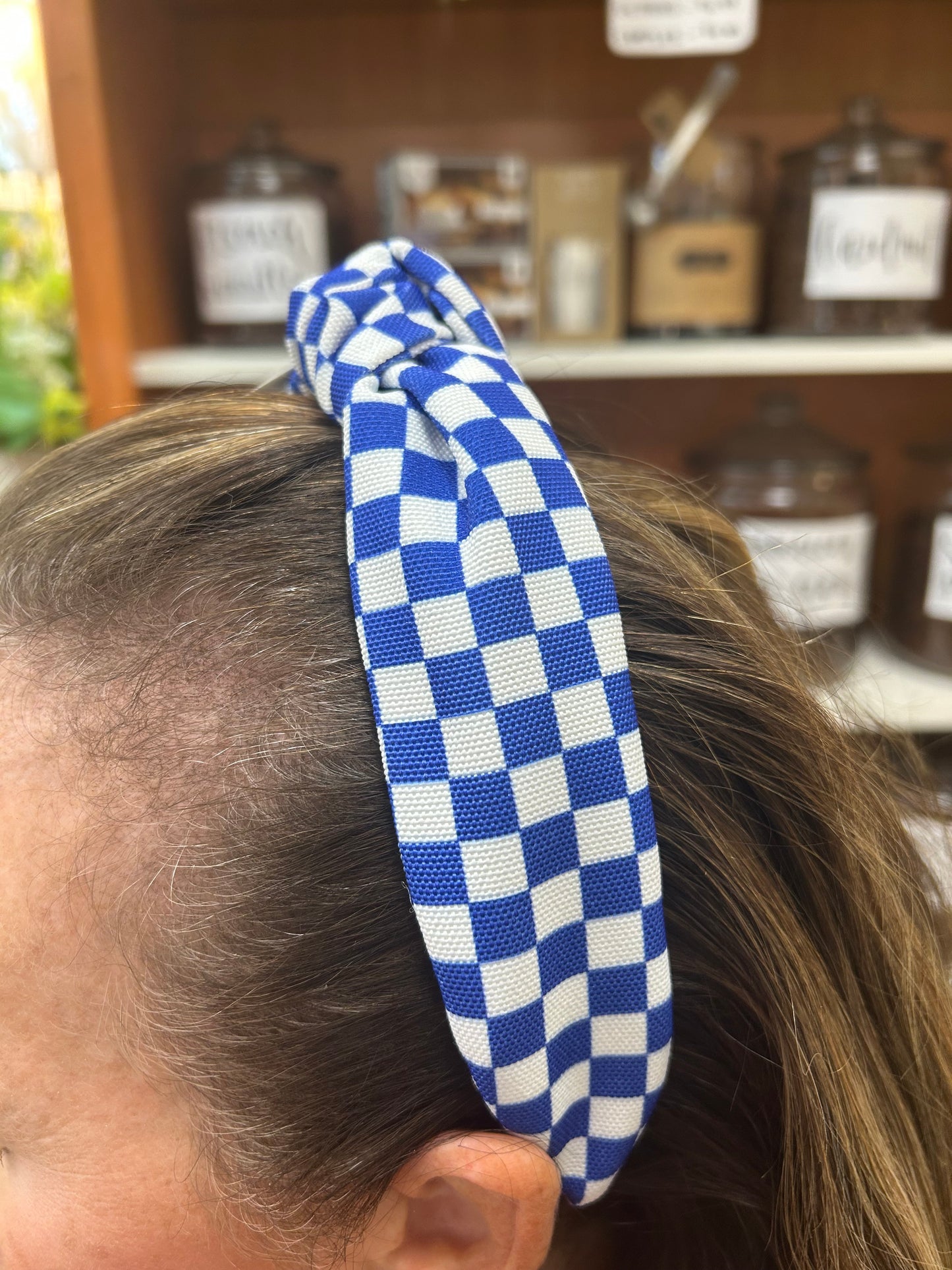 Blue and White Check Headband