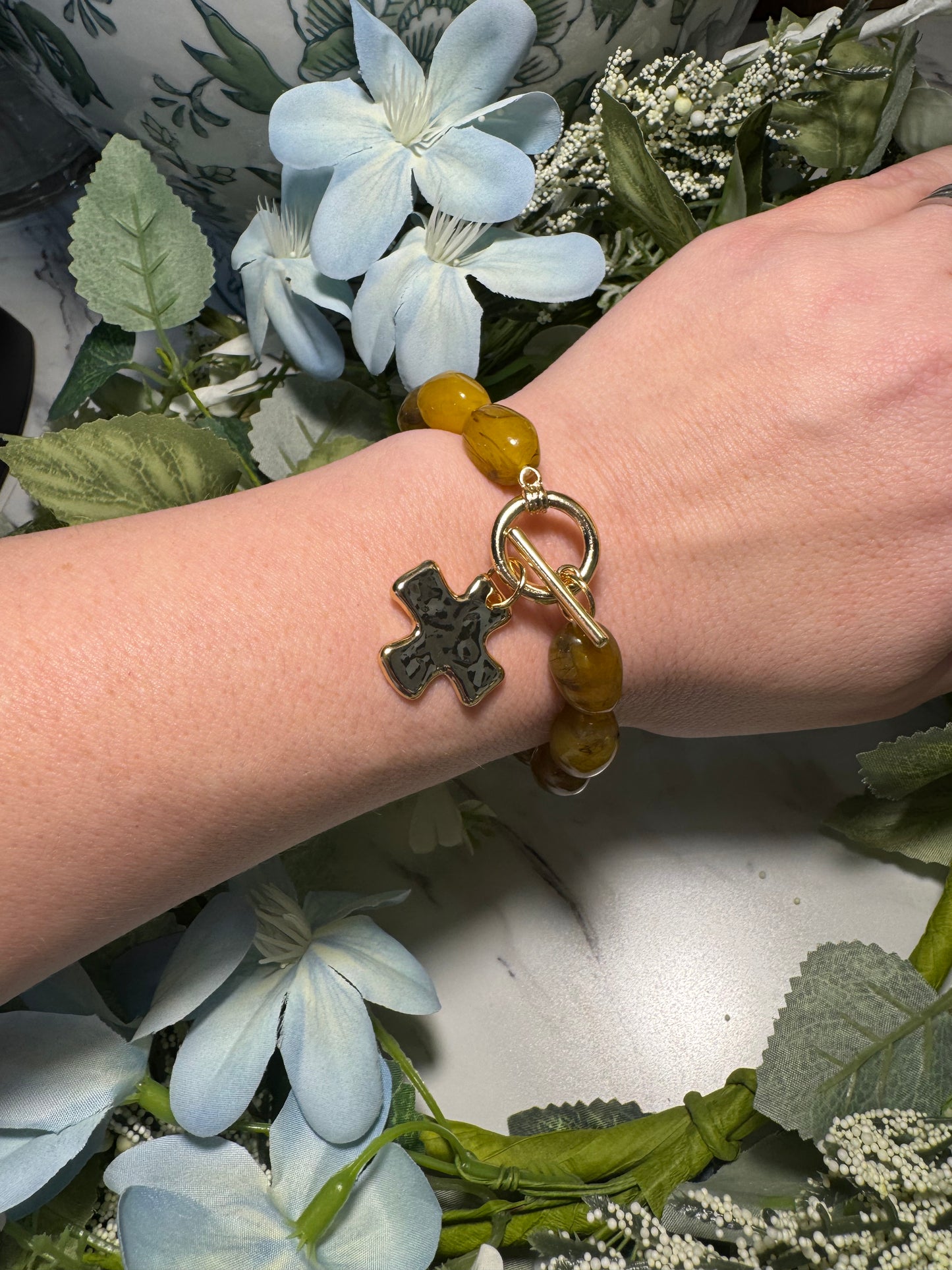 Golden Olive Cross Stretch Bracelet