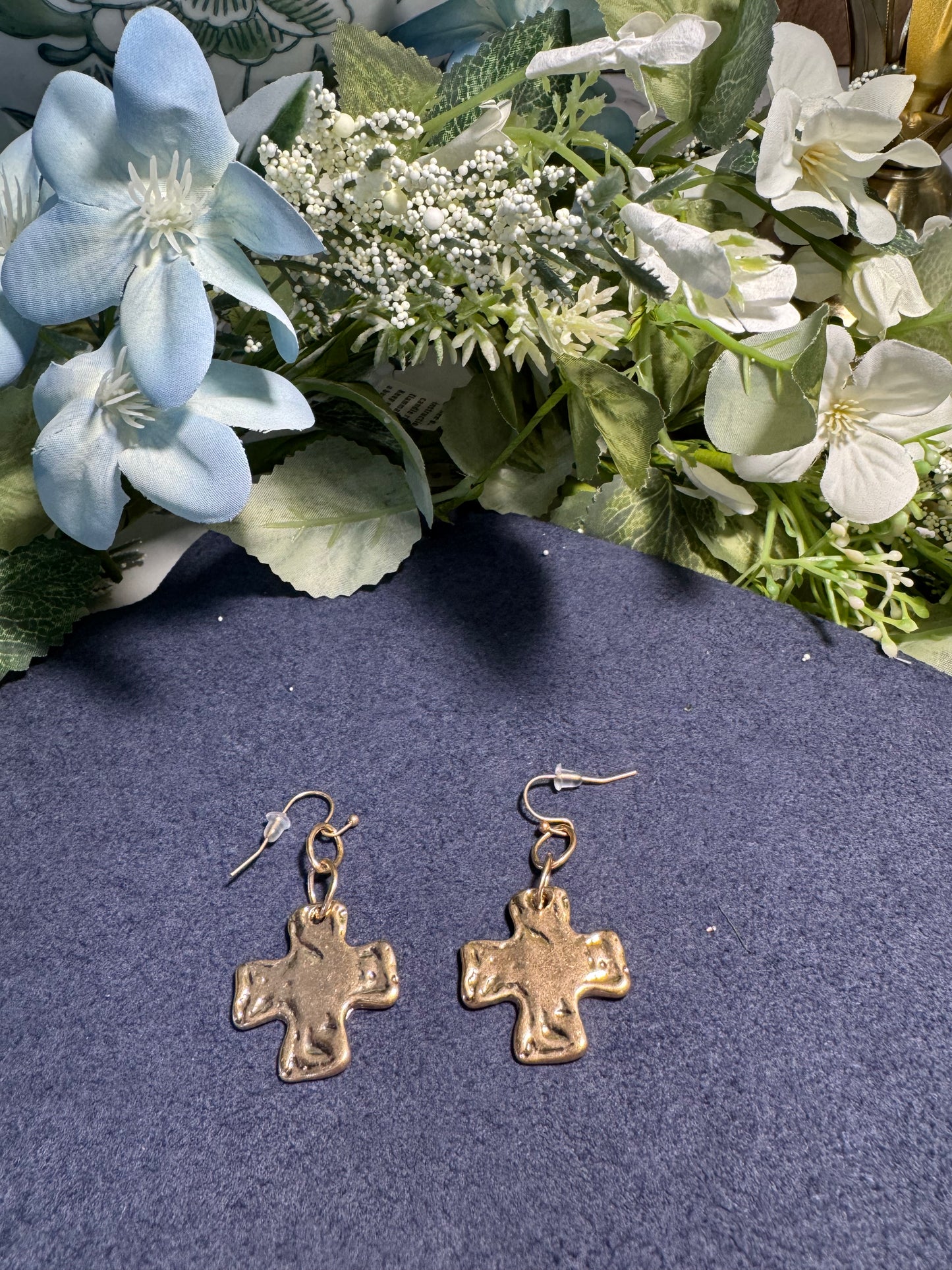 Hammered Gold Cross Drop Earrings