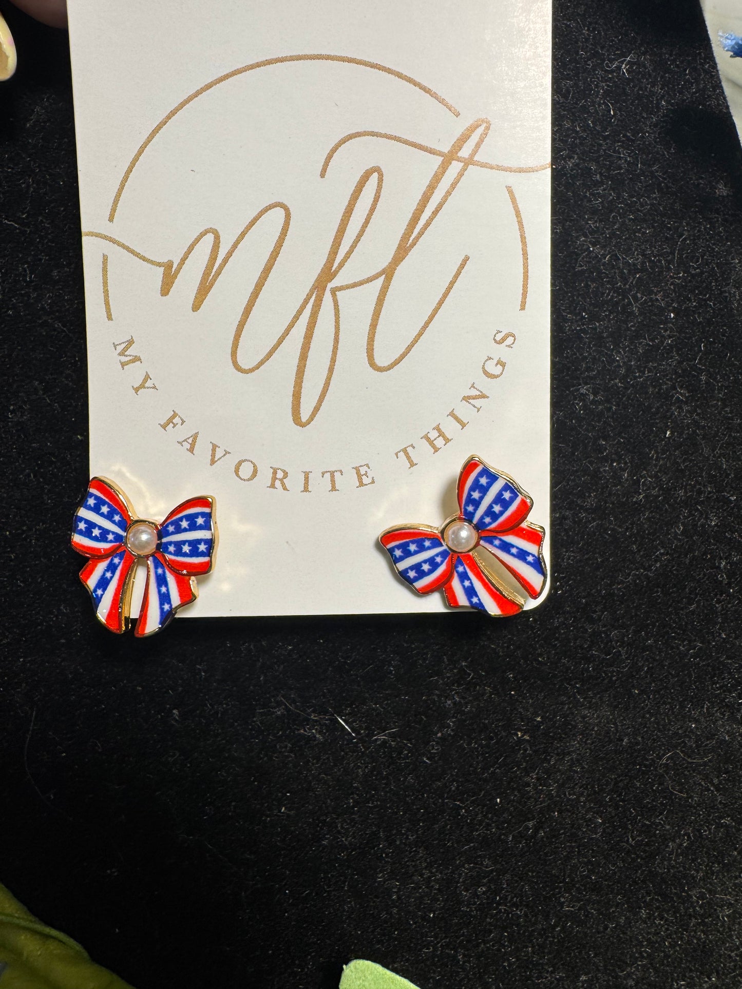 Red, White & Blue Bow Pearl Stud Earrings