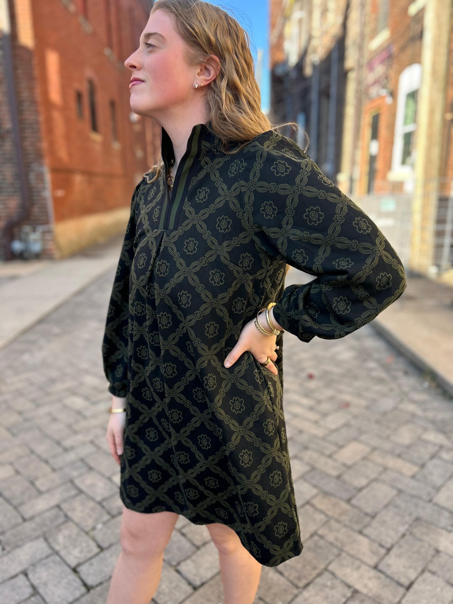 Geometric Green Print Long Sleeve Mini Dress