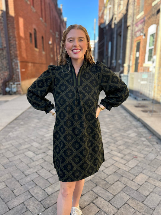 Geometric Green Print Long Sleeve Mini Dress