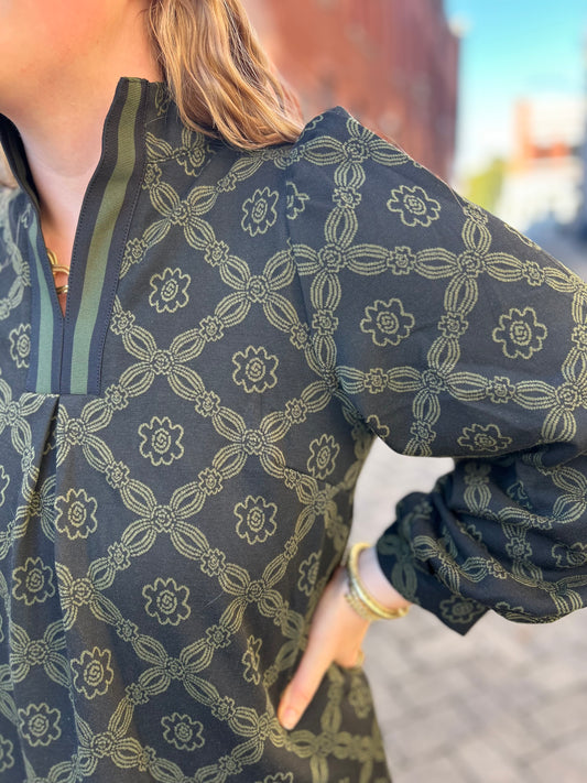 Geometric Green Print Long Sleeve Mini Dress