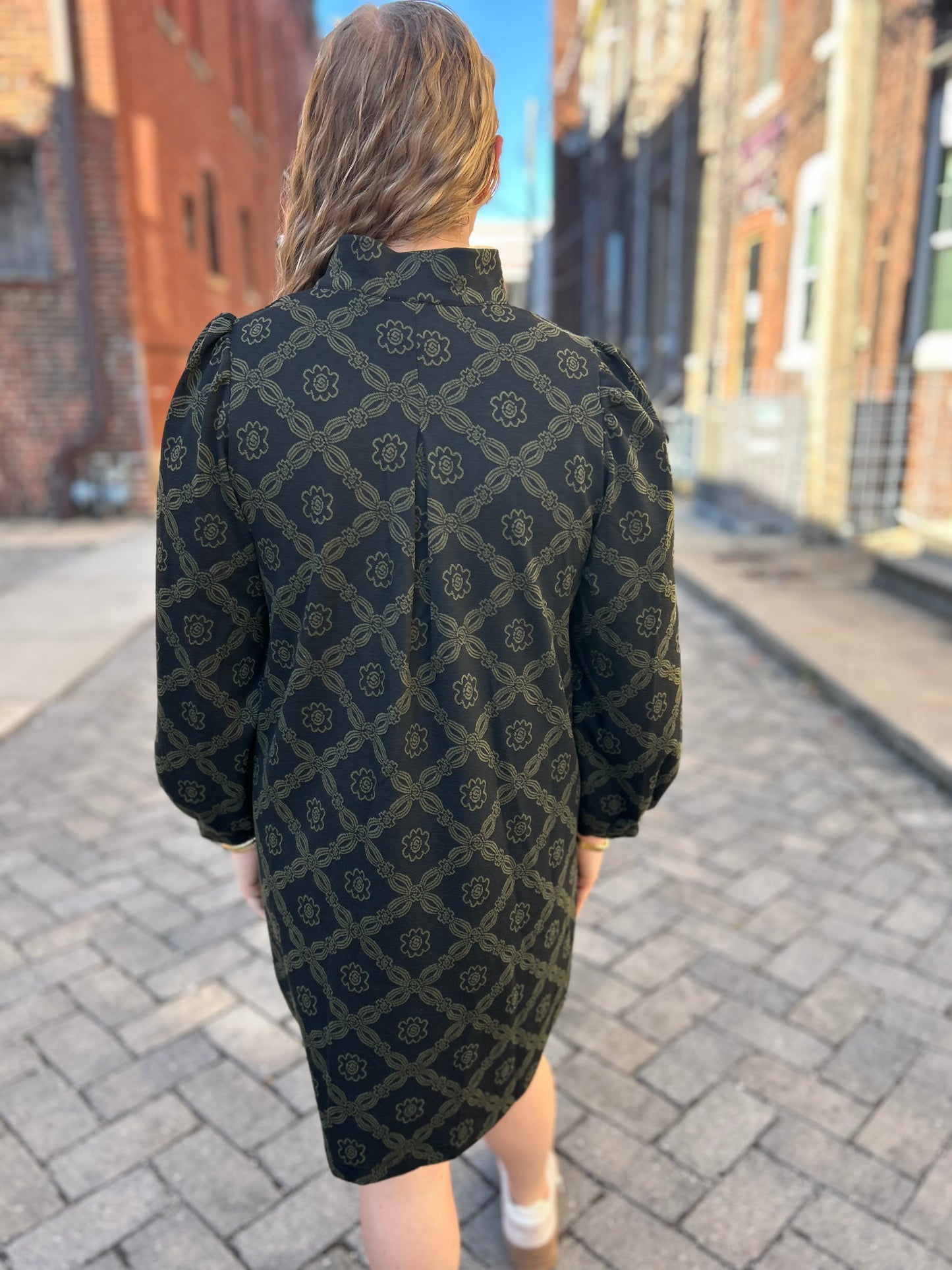 Geometric Green Print Long Sleeve Mini Dress