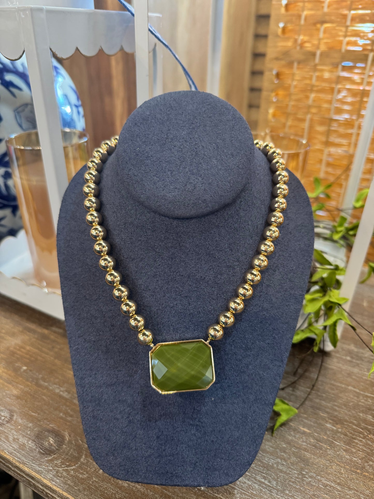 Olive Green Faceted Stone Gold Bead Necklace
