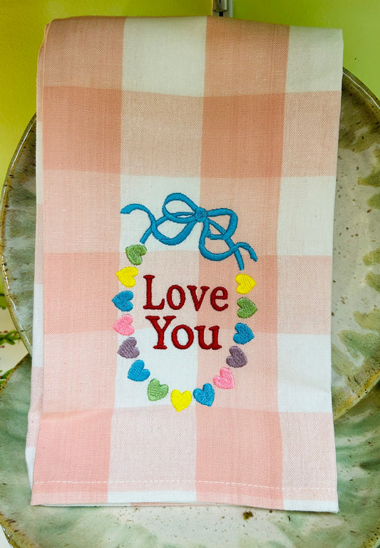 Pink Gingham Embroidered Candy Necklace Tea Towel