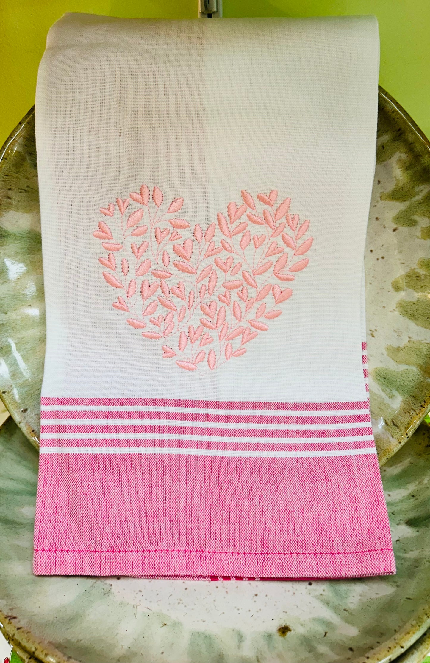 Pink Heart Embroidered Tea Towel