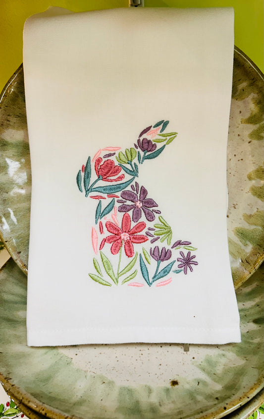 Floral Embroidered Bunny Tea Towel