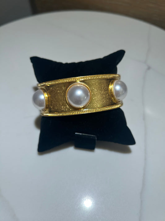 Wide Band Gold Pearl Bracelet