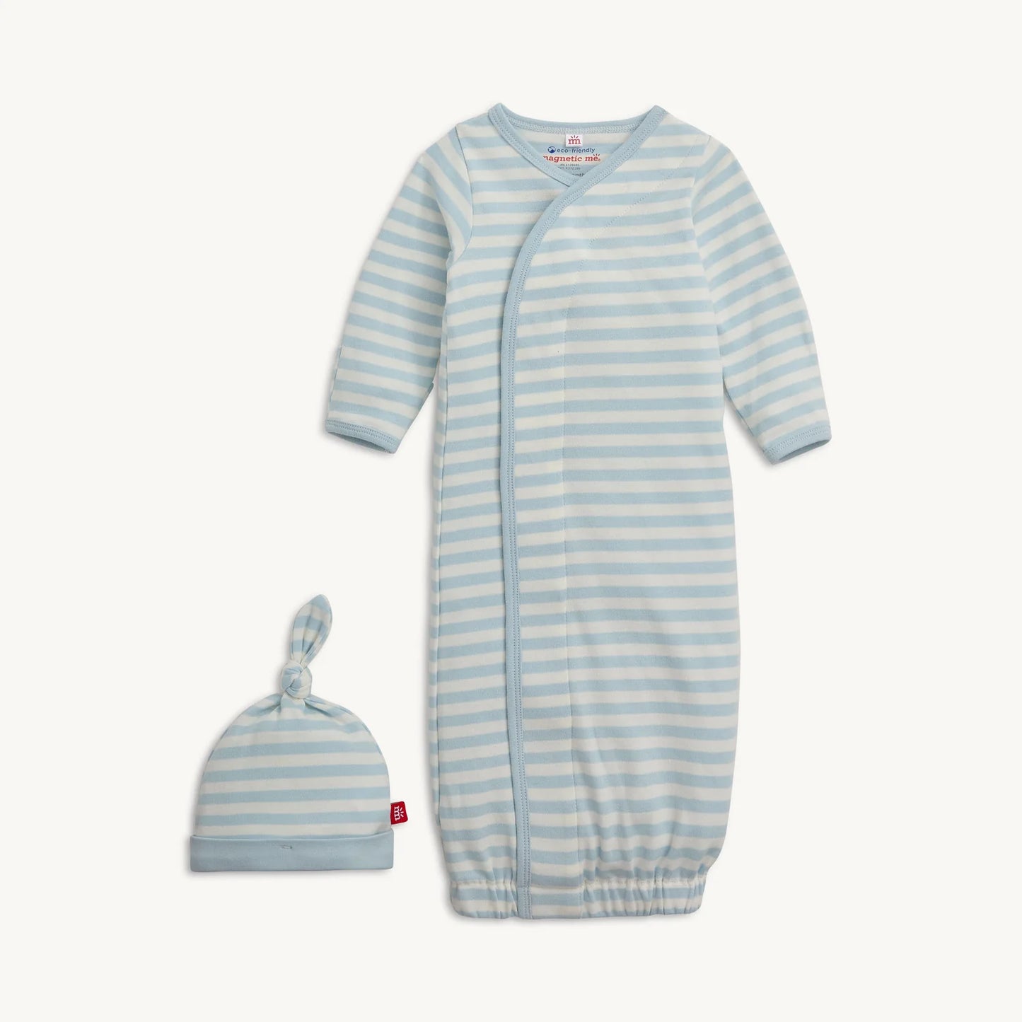 Blue Stripe Organic Cotton Magnetic Cotton Gown and Hat Set NB - 3 mos
