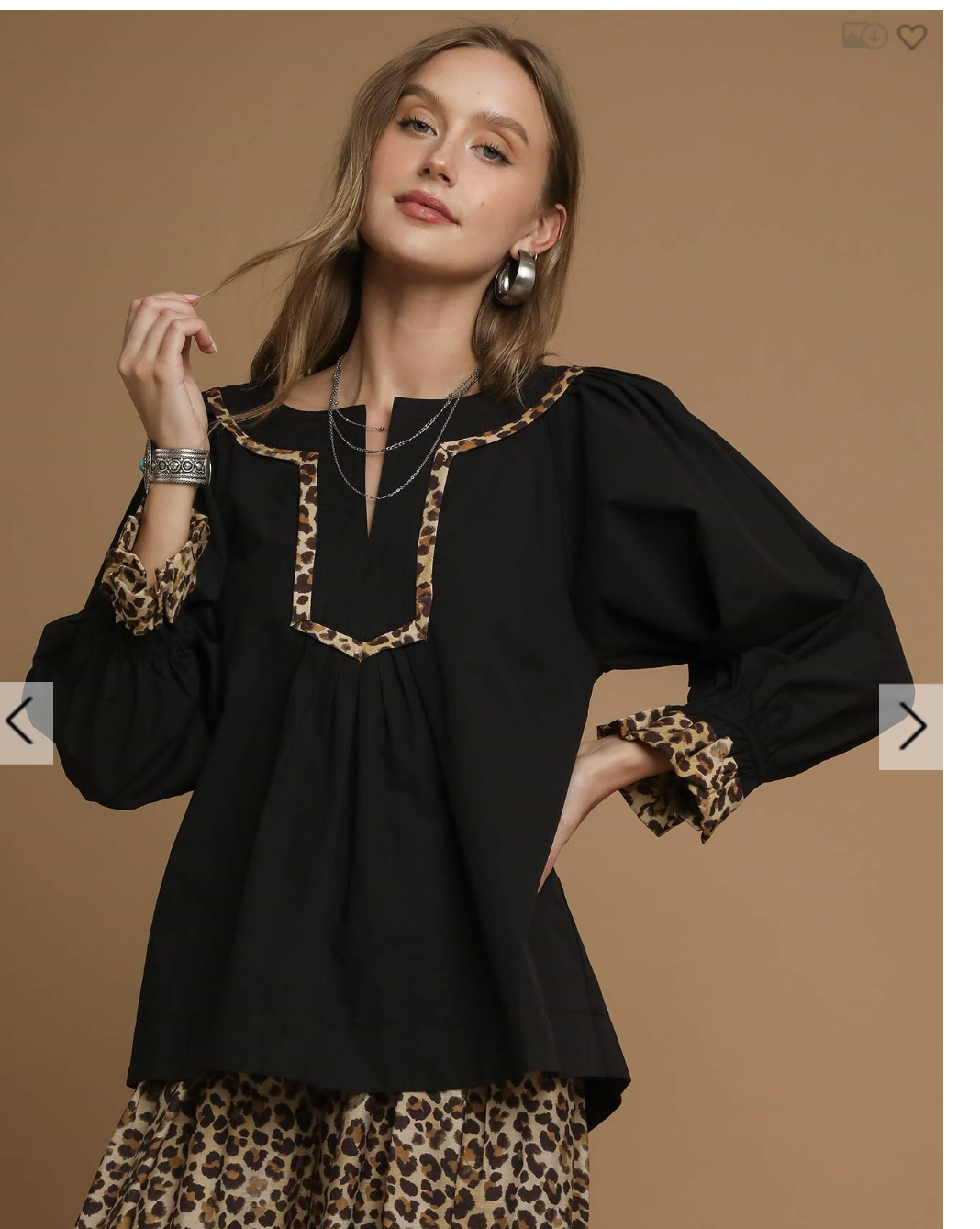 Leopard Trim Black Long Sleeve Blouse