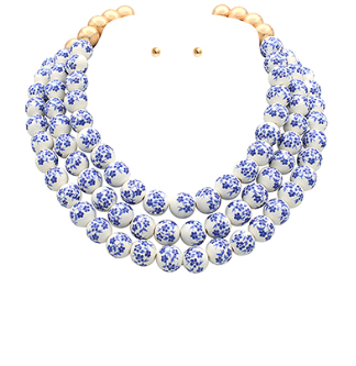 Blue and White Floral Triple Strand Necklace