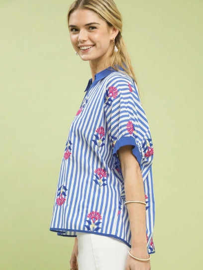 Blue Collard Top with Embroidery