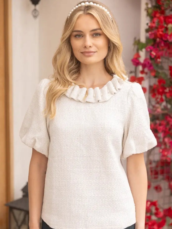 Pearled Ruffle Neckline Top