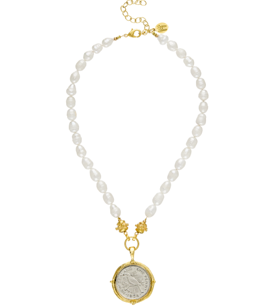 Susan Shaw Pearl Necklace with Two Tone Coin 3976W