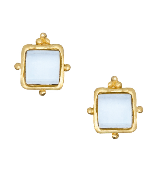 Susan Shaw Gold Square Stud with White French Glass Earrings 1083W