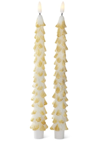 Set of 2 Gold Wax LED Christmas Tree Taper Candles w/Timers