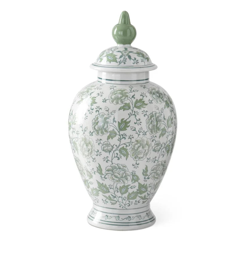 Green & White Floral Ceramic Ginger Jar