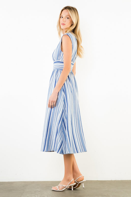 Sleeveless Blue Stripe Midi Dress