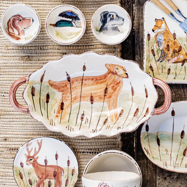Wildlife Handled Oval Bowl - Hunting Dog