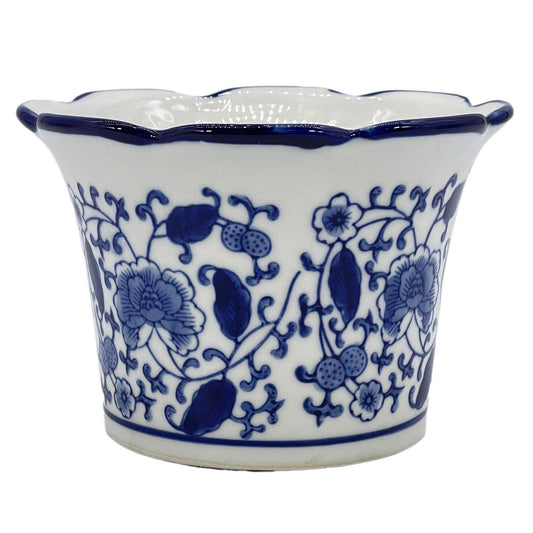 Blue & White Floral Ceramic Pots Ruffled Lip  large