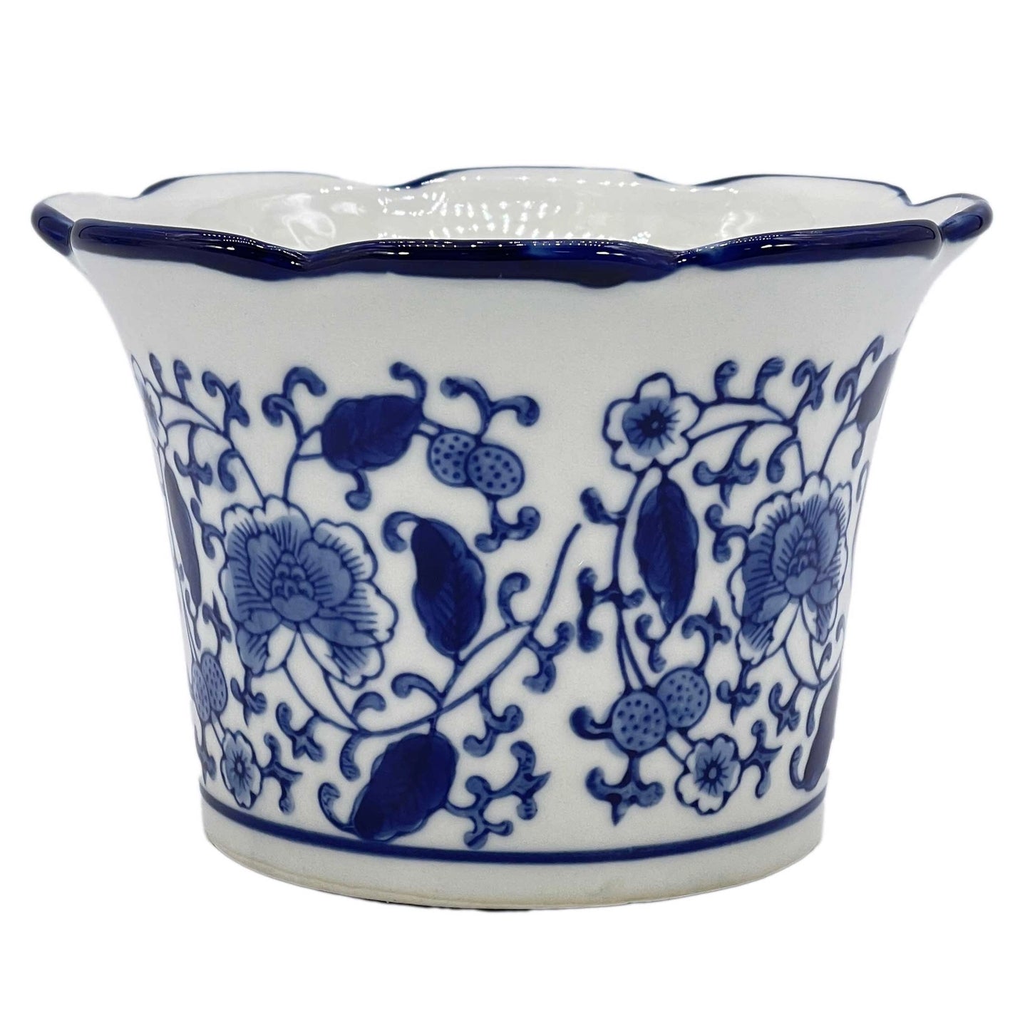 Blue & White Floral Ceramic Pots Ruffled Lip Medium