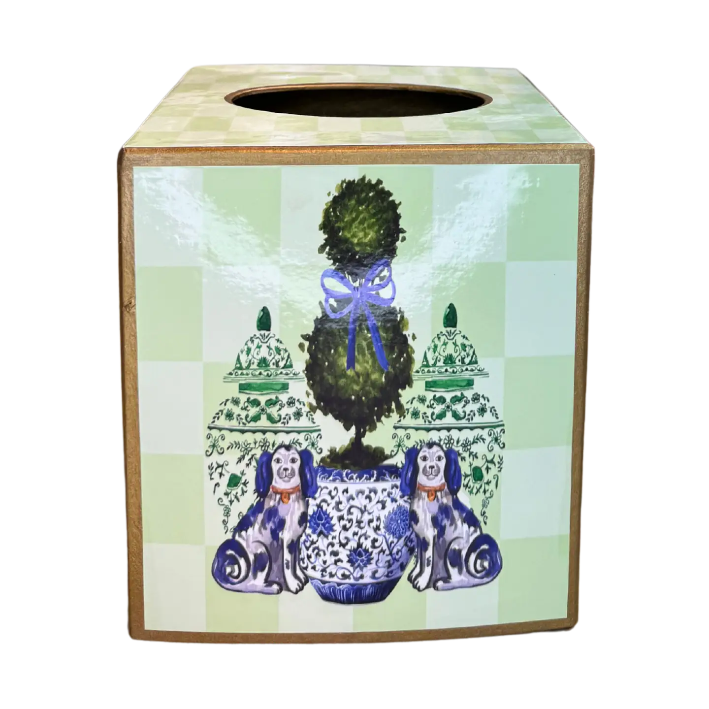 Paper Mache Tissue Box Cover with Stafford Dogs/Topiary