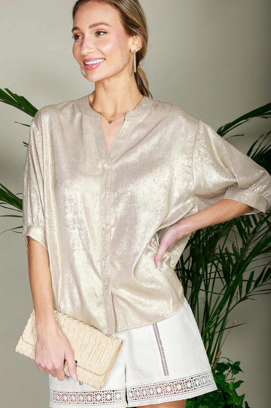 Henley Neckline Metallic Woven Blouse Top