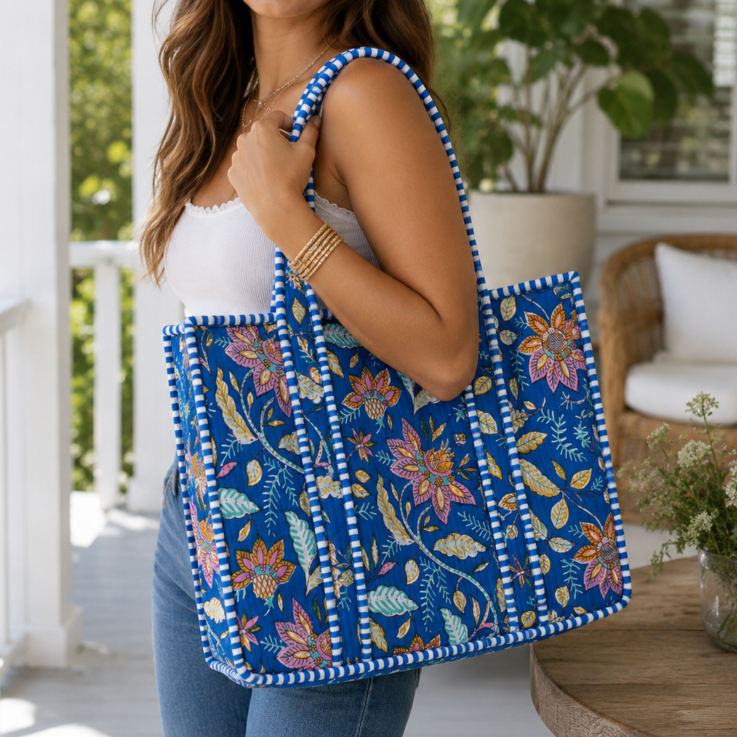 Blue Floral Quilted Bag Print