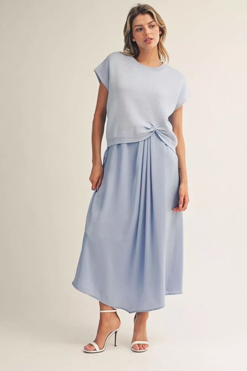 Drop Shoulder Sweater with Midi Dress Set - Sky Blue