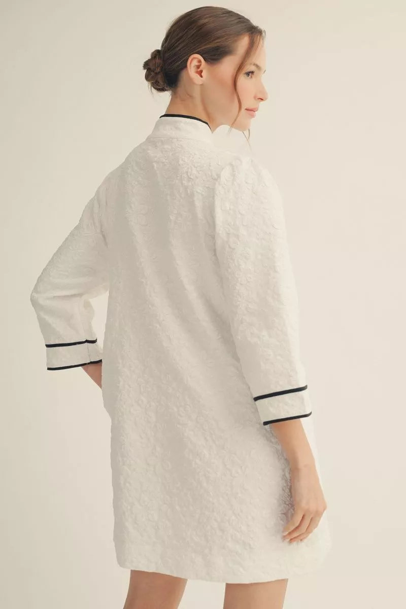 Oriental Vibe Jacquard White Dress w/ Black Trim