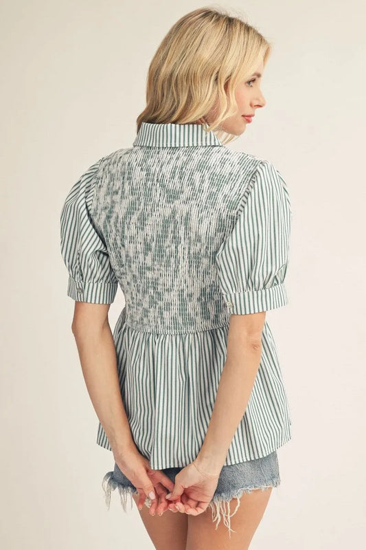 Smocked Peplum Green Stripe Top