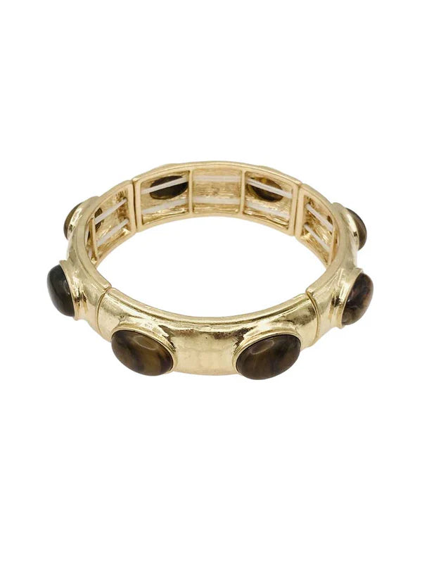Brown Oval Stone on Hammered Gold Stretch Bracelet