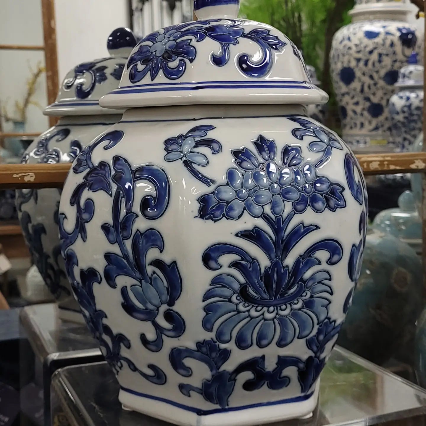 Blue & White Chinoiserie Ceramic Jar 12"