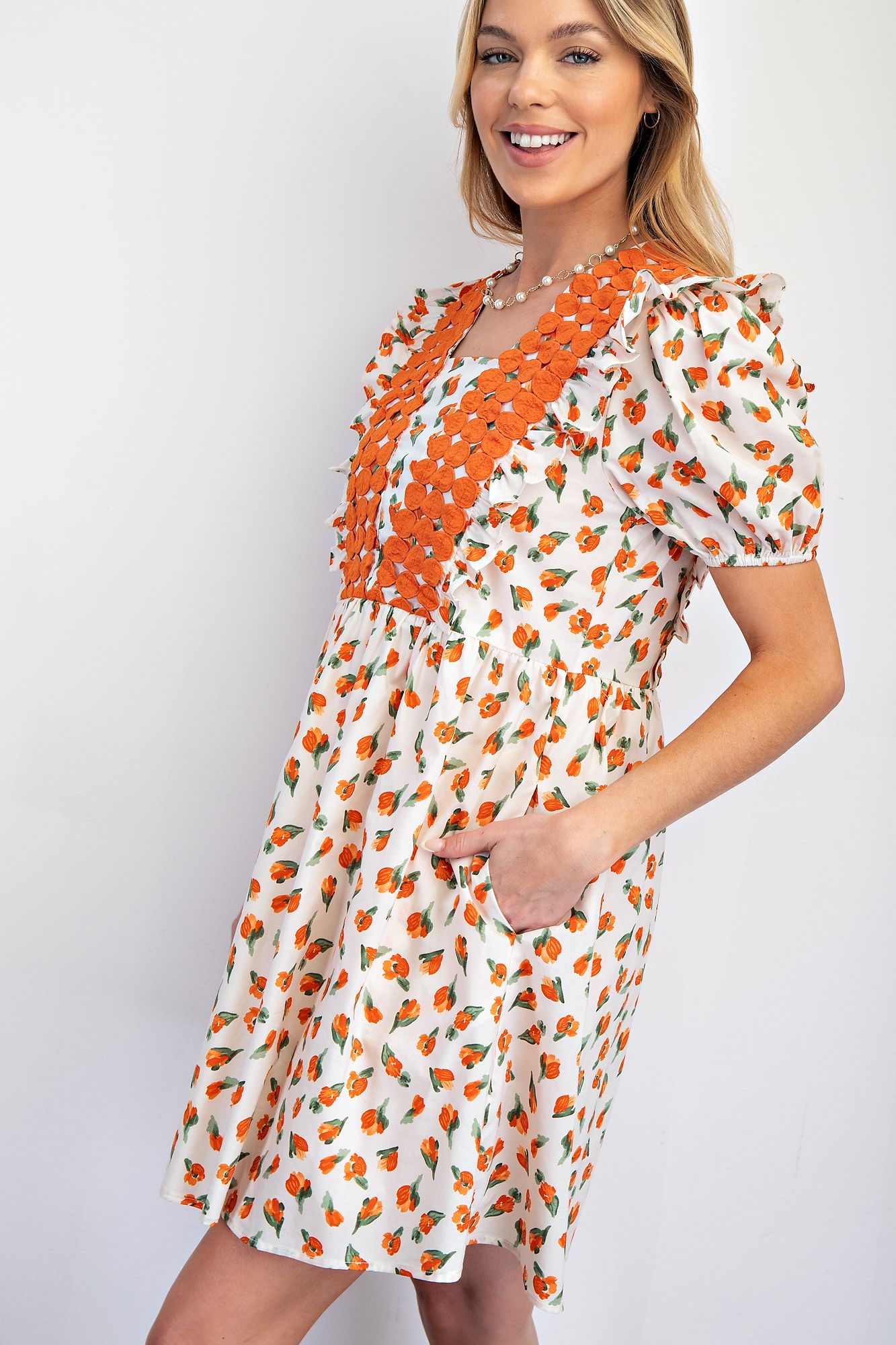 Ivory and Orange Wing Sleeve Dress