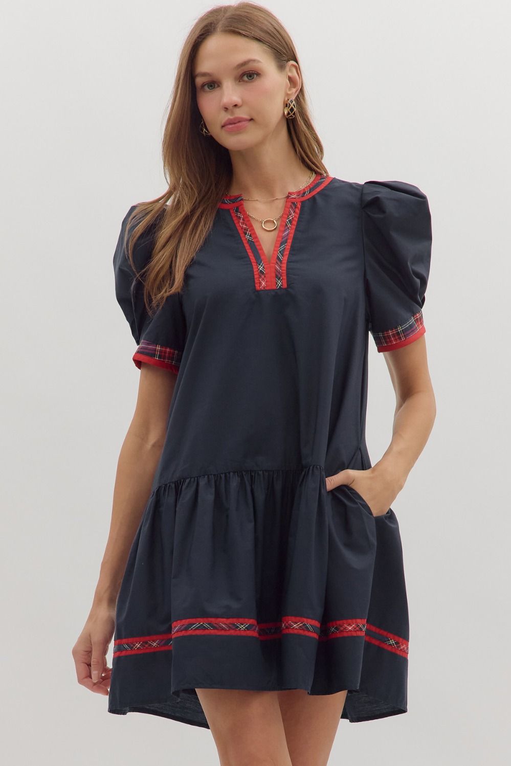 Ava Dress with Red Plaid Trim