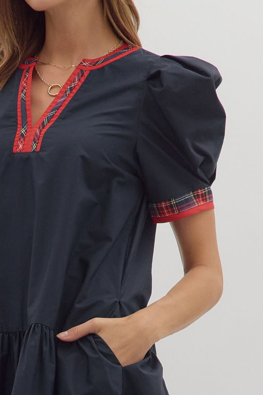 Ava Dress with Red Plaid Trim