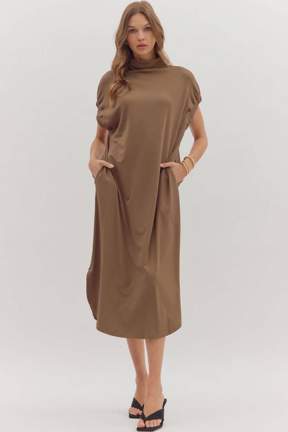 Mock Neck Mocha Midi Dress
