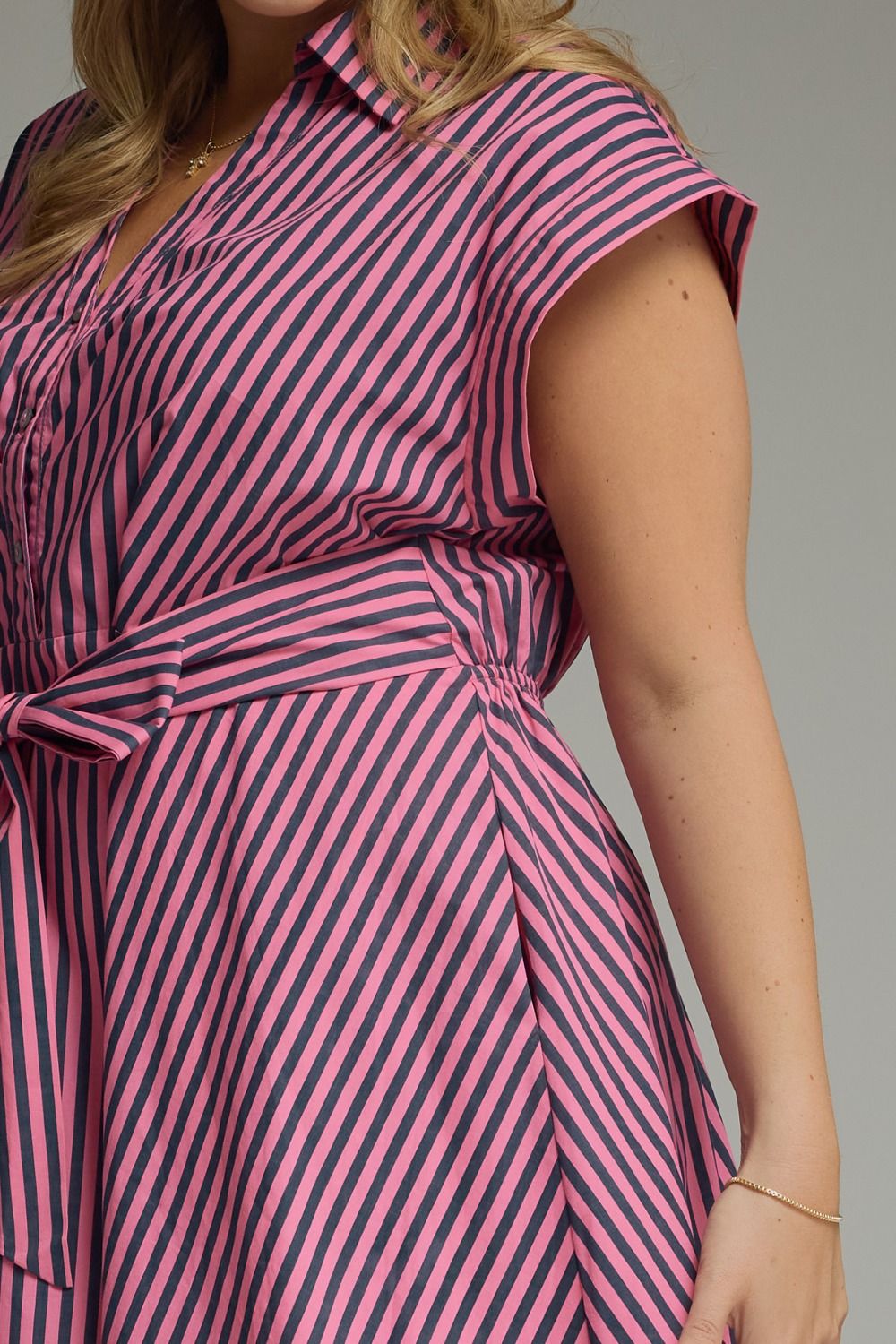 Pink and Navy Striped Midi Dress