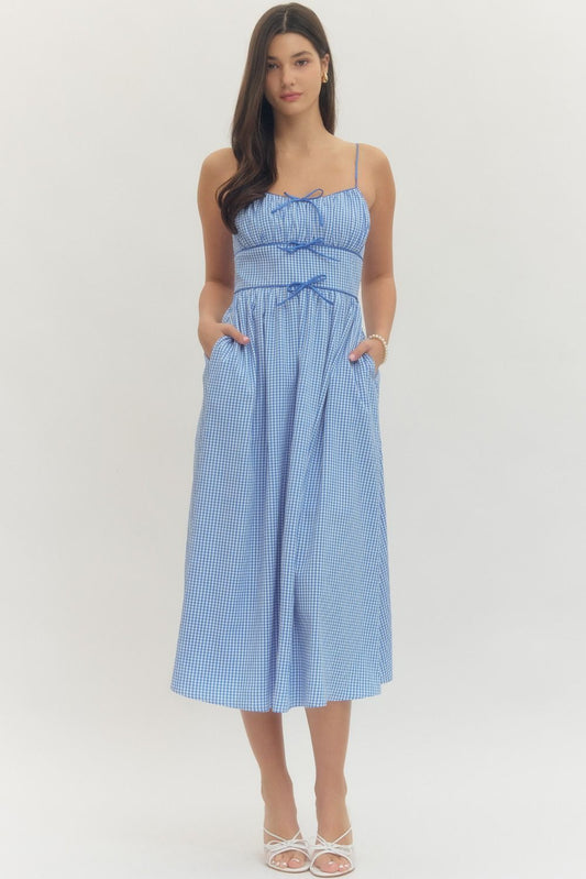 Blue Gingham Spaghetti Strap Midi Dress