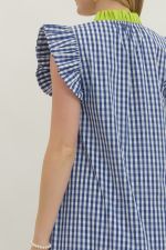 Gingham Flutter Sleeve Midi Dress Indigo
