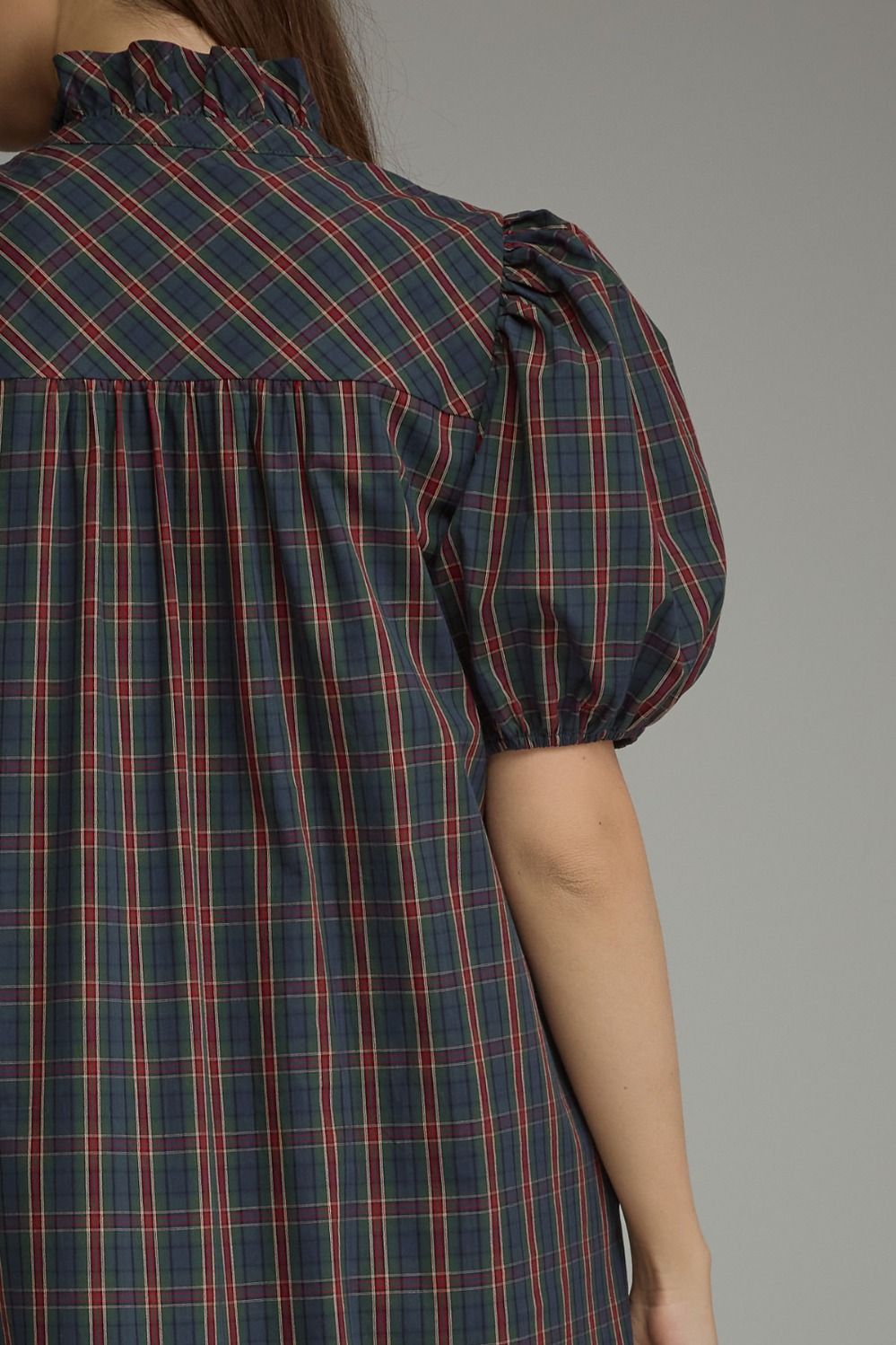 Green Plaid Short Puff Sleeve Midi Dress