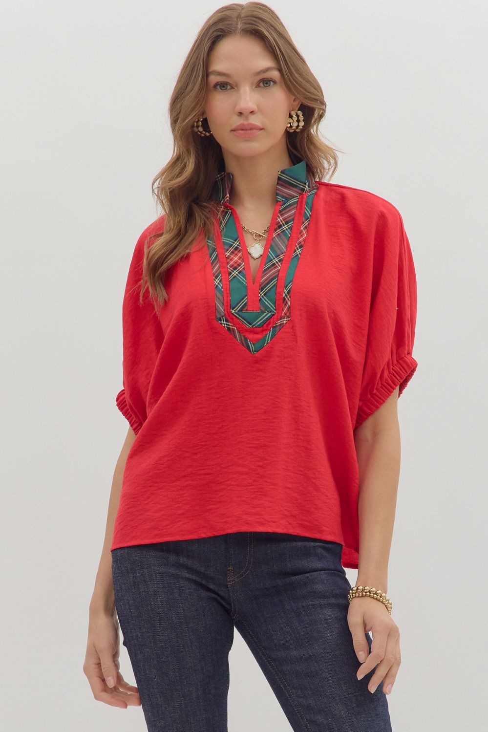Red Top with Plaid and Green Trim