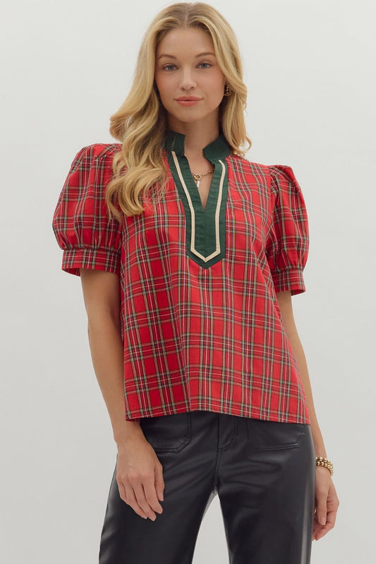 Holiday  Plaid V-Neck Top