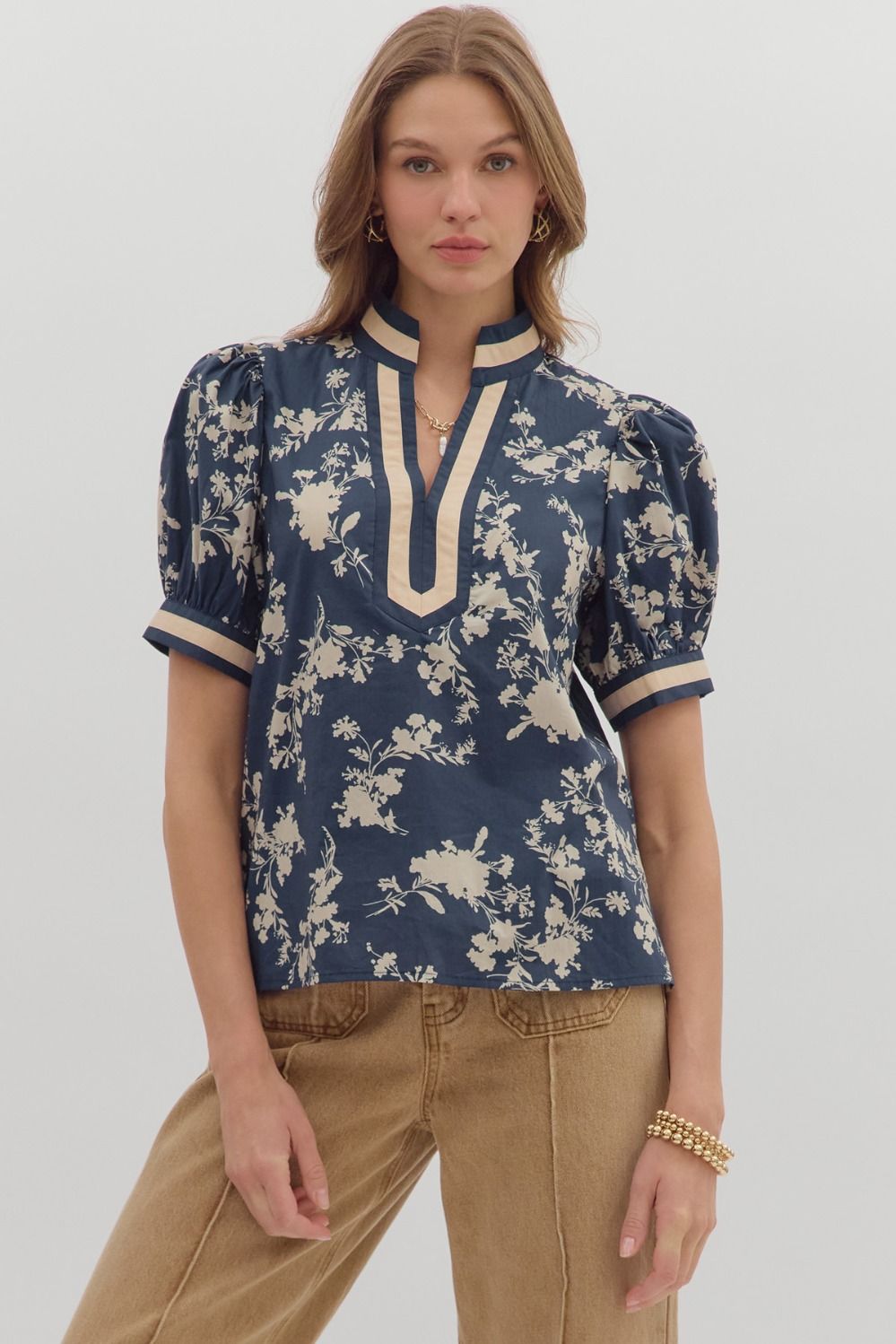 Navy Floral Print with Beige Contrast