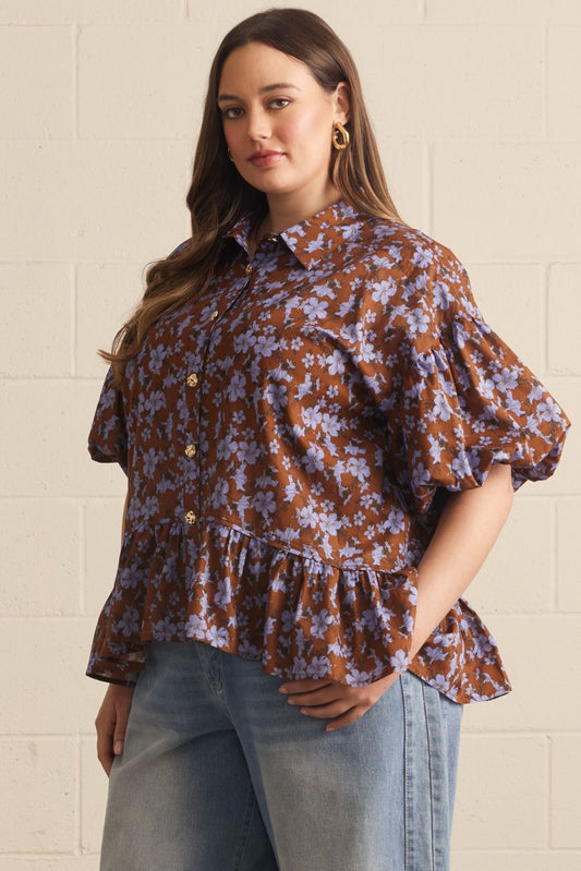 Brown and Blue Floral Blouse